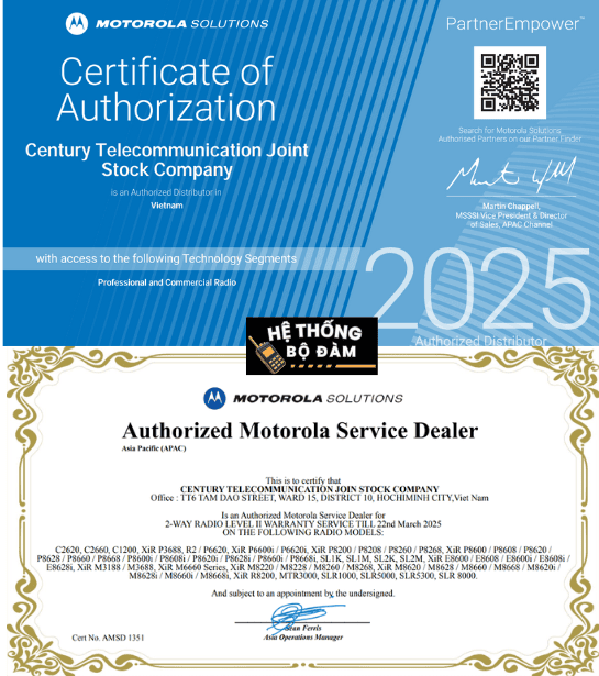 Giấy chứng nhận nhà phân phối chính thức của Motorola Solutions của Hệ Thống Bộ Đàm tại Việt Nam