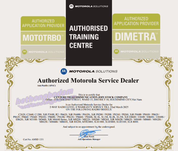 Giấy Chứng nhận trung tâm bảo hành ủy quyền máy bộ đàm Motorola tại Việt Nam năm 2025